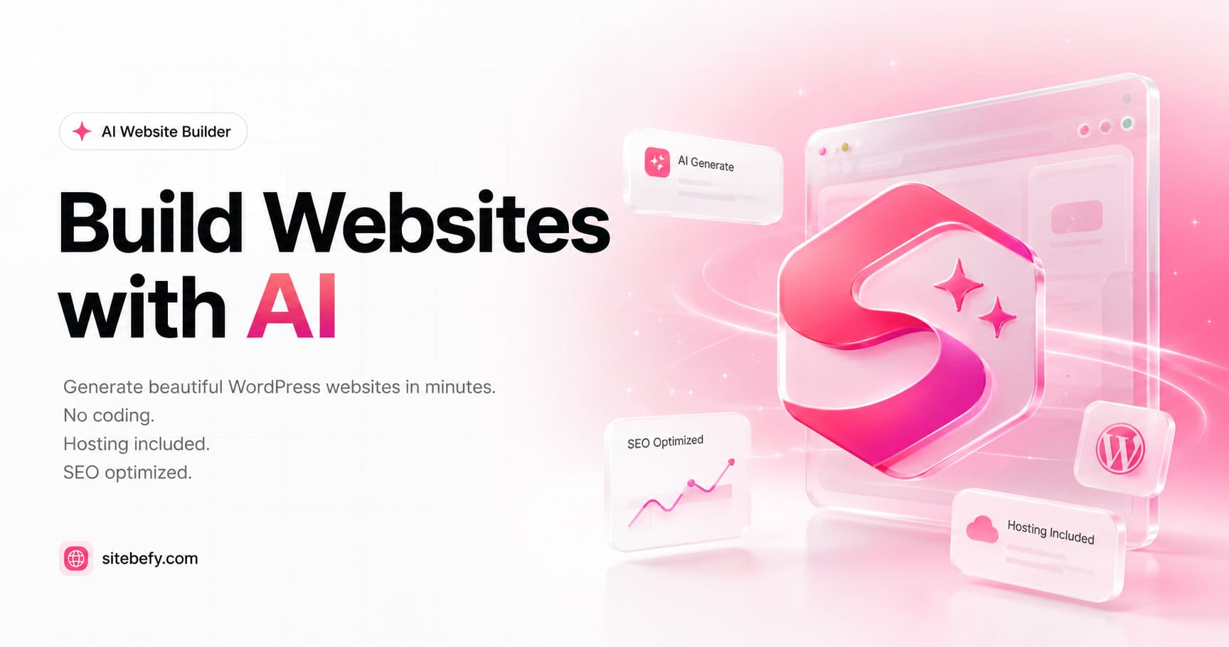 Sitebefy brand graphic on a pink gradient: the headline "Build Websites with AI" beside a 3D Sitebefy logo, a browser window, a WordPress mark, and floating cards labelled AI Generate, SEO Optimized and Hosting Included.